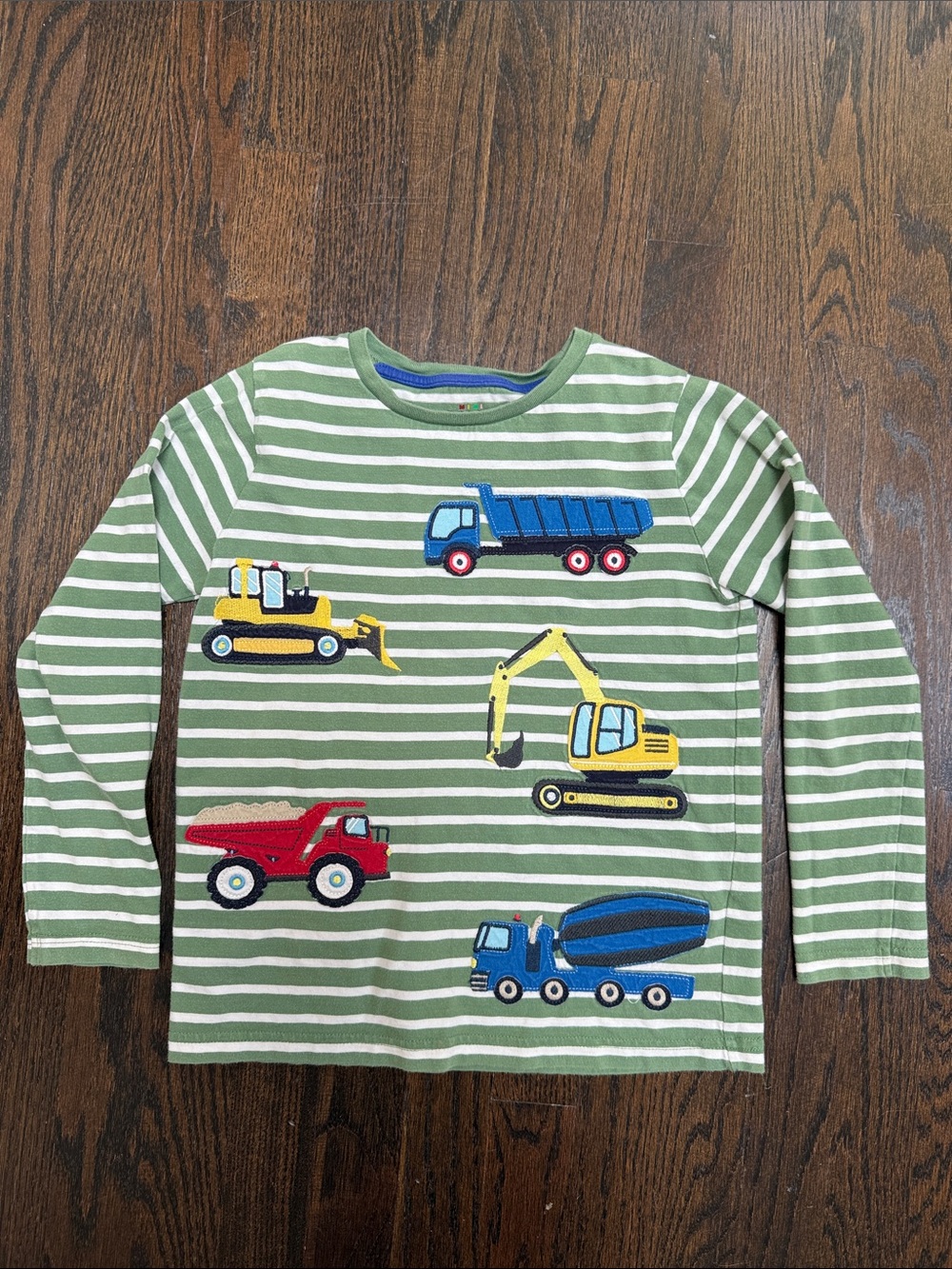 Striped Green Kids Long-Sleeve Top with Construction Truck Appliqués